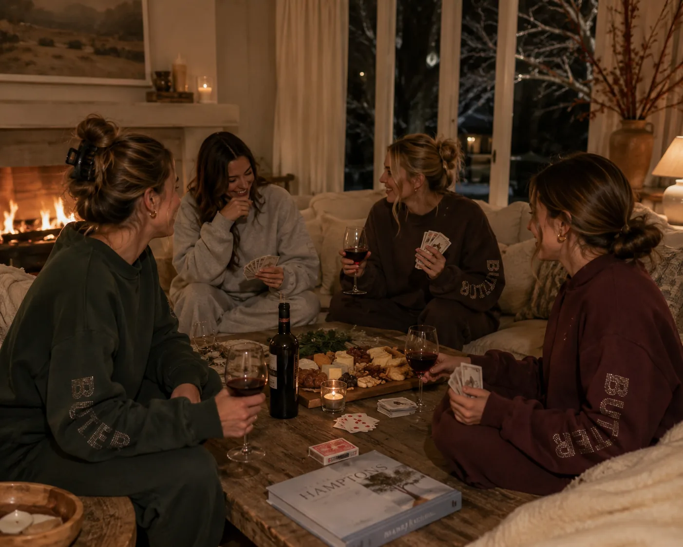 Friends wearing coordinated Butter sweat sets during an evening gathering