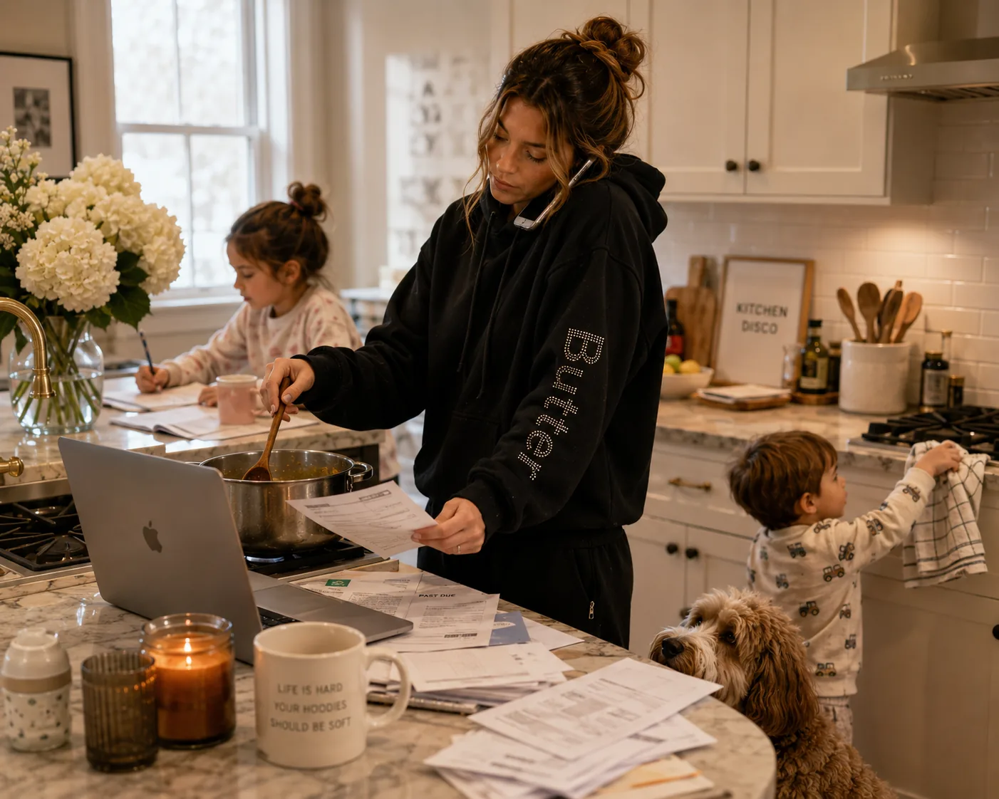 Person wearing a black Butter hoodie during an everyday kitchen moment