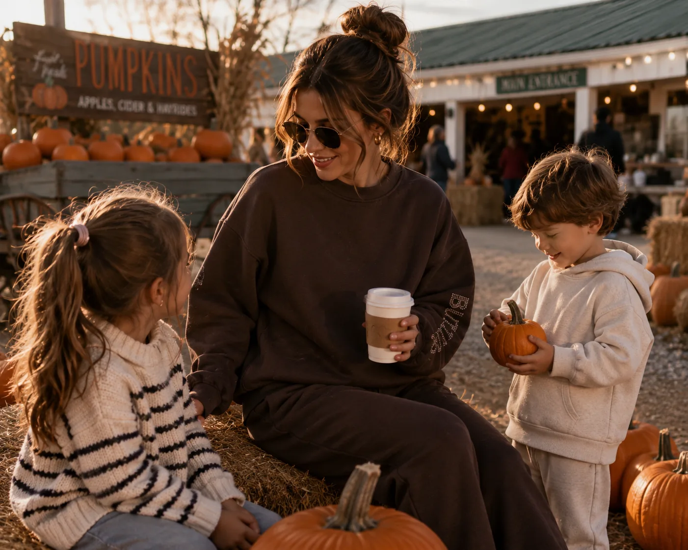 Family at a pumpkin patch wearing cozy sweatwear