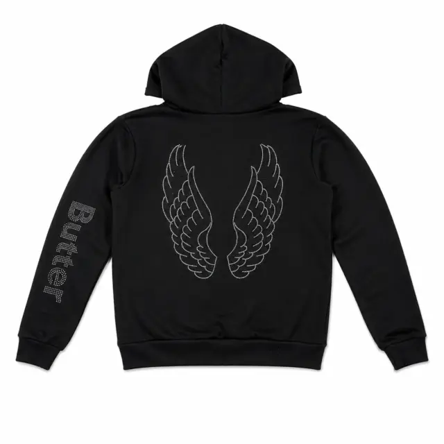 Back view of a black zip-up hoodie featuring a tonal black rhinestone wing design and 'Butter' text on the left sleeve.
