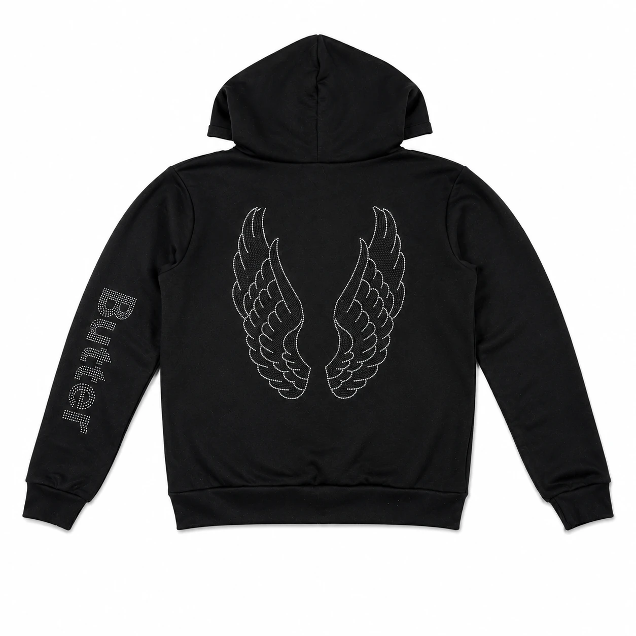 Back view of a black zip-up hoodie featuring a tonal black rhinestone wing design and 'Butter' text on the left sleeve.