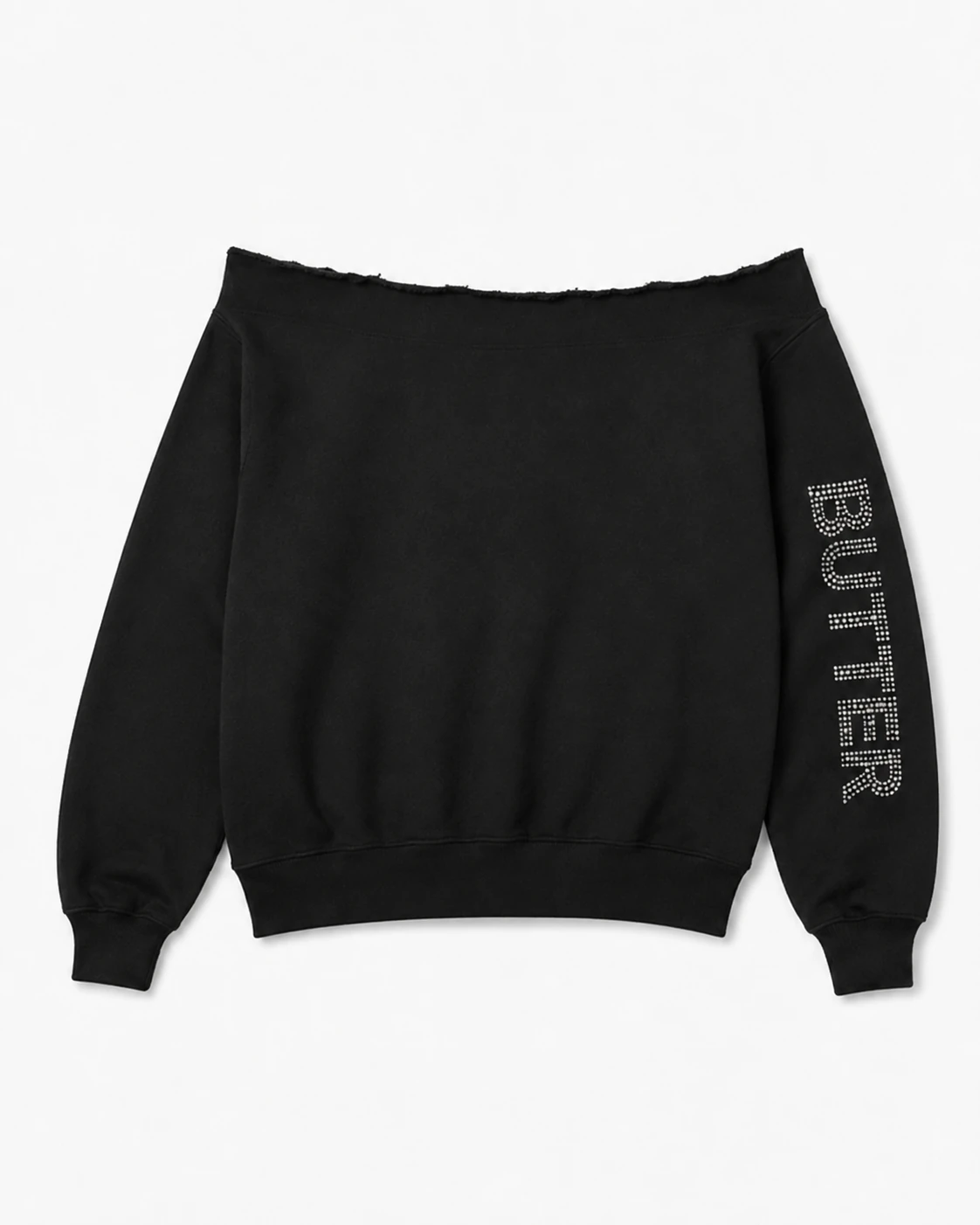 Black off-the-shoulder sweatshirt with a rhinestone 'BUTTER' logo on the left sleeve.