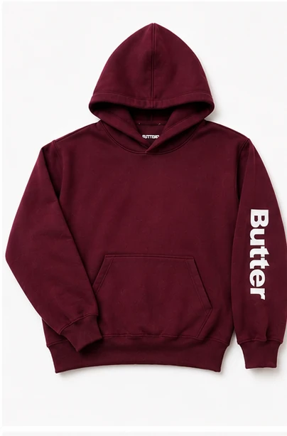 Front view of a merlot red oversized hoodie with 'Butter' text on the sleeve, laid flat.