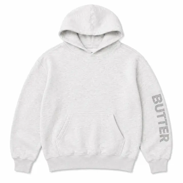 Ash Butter Plush Diamond Oversized Hoodie with rhinestone sleeve lettering.
