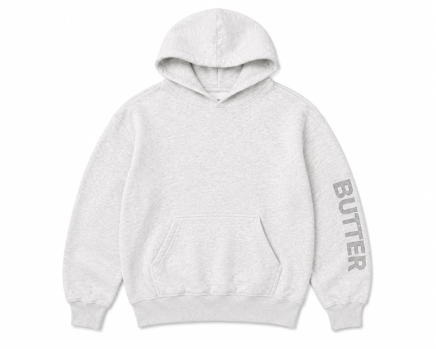 Ash Butter Plush Diamond Oversized Hoodie with rhinestone sleeve lettering.
