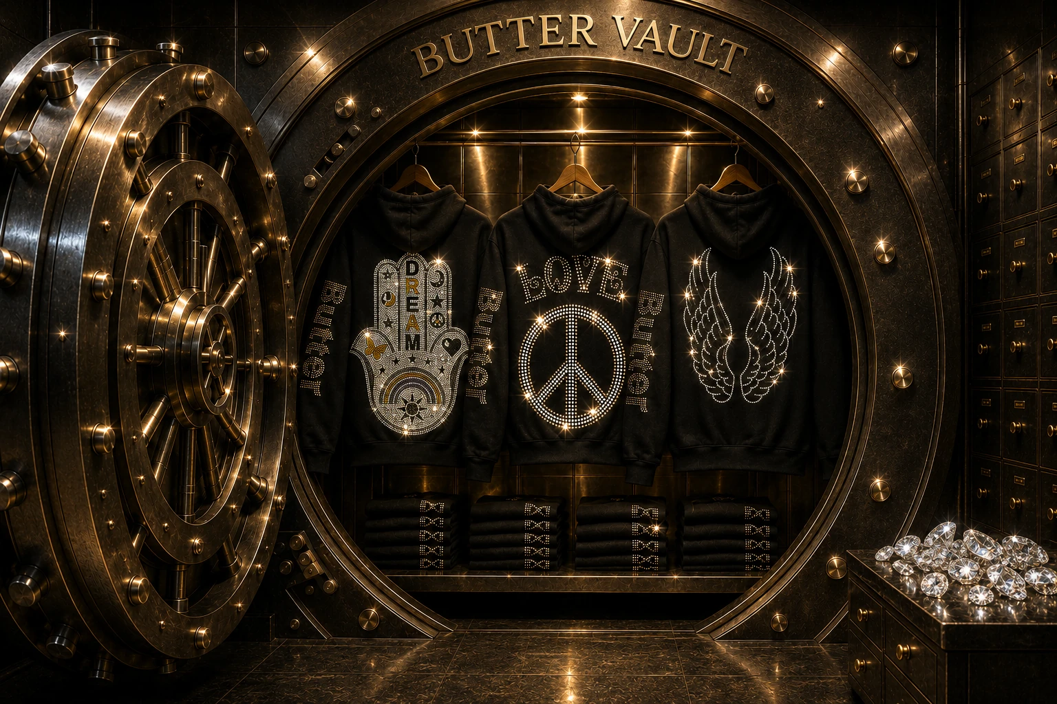 Group lifestyle shot inside a gold bank vault showing the Hamsa, Peace Sign, and Wing zip hoodies hanging on a rack.