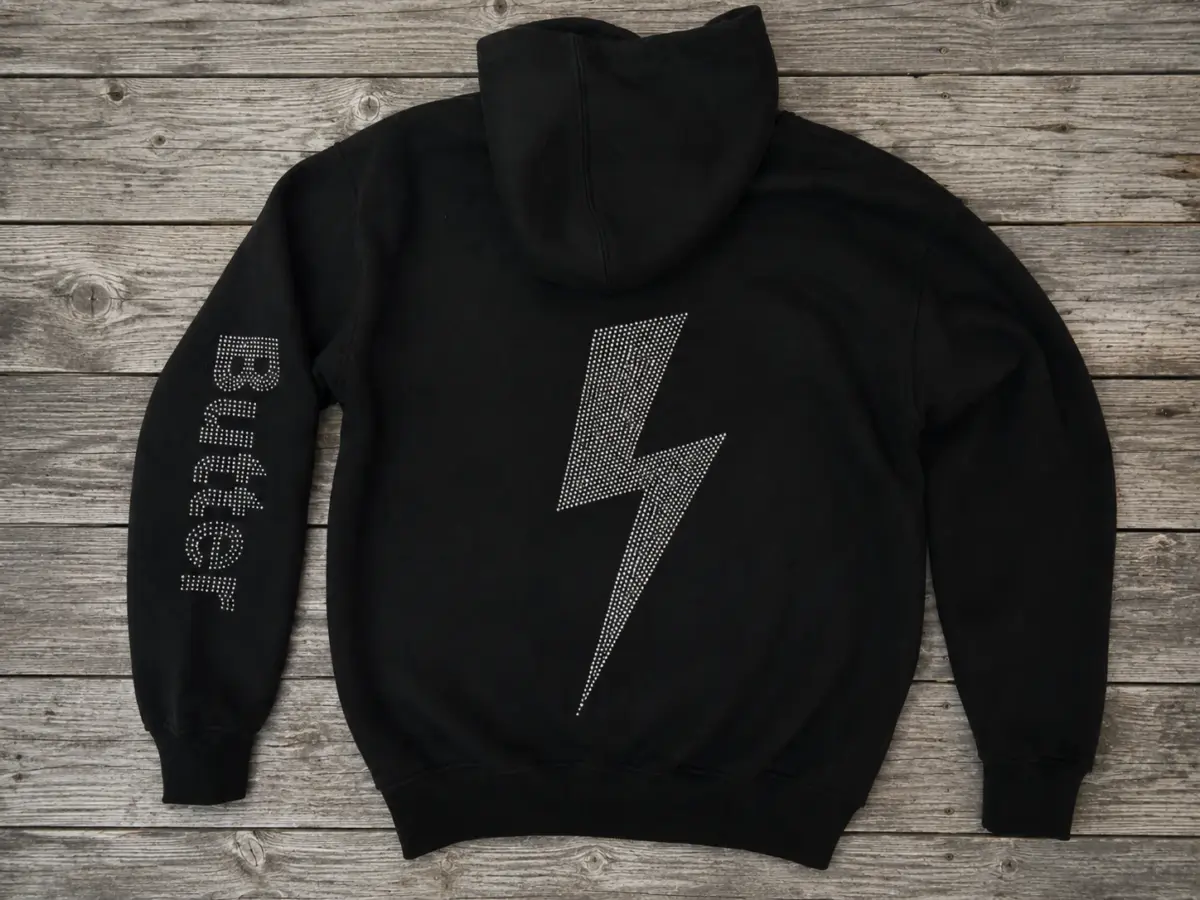 Black zip-up hoodie featuring a rhinestone lightning bolt on the back and 'Butter' text on the sleeve, displayed on a wooden surface.