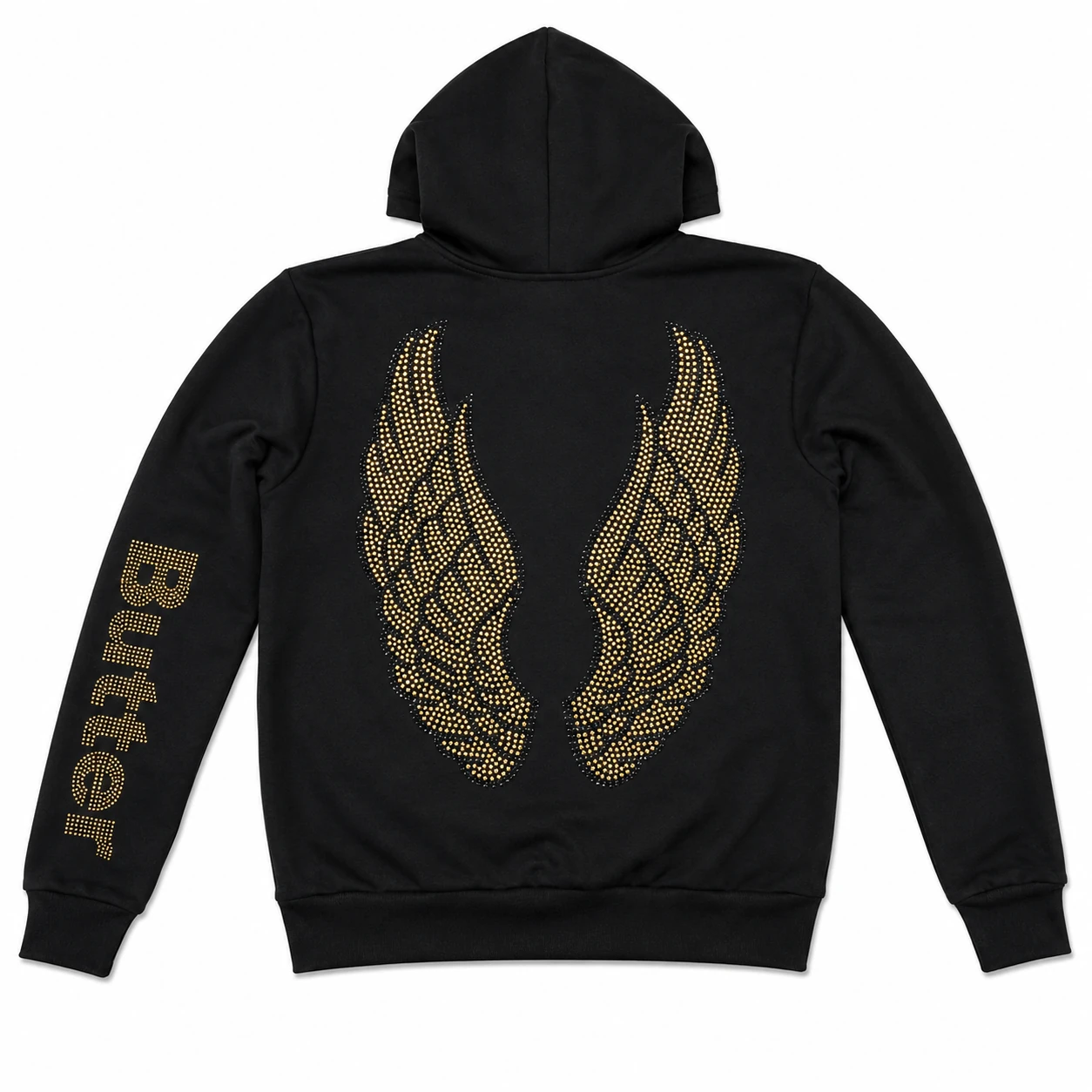Back view of a black zip-up hoodie featuring a gold rhinestone wing design and 'Butter' text on the left sleeve.