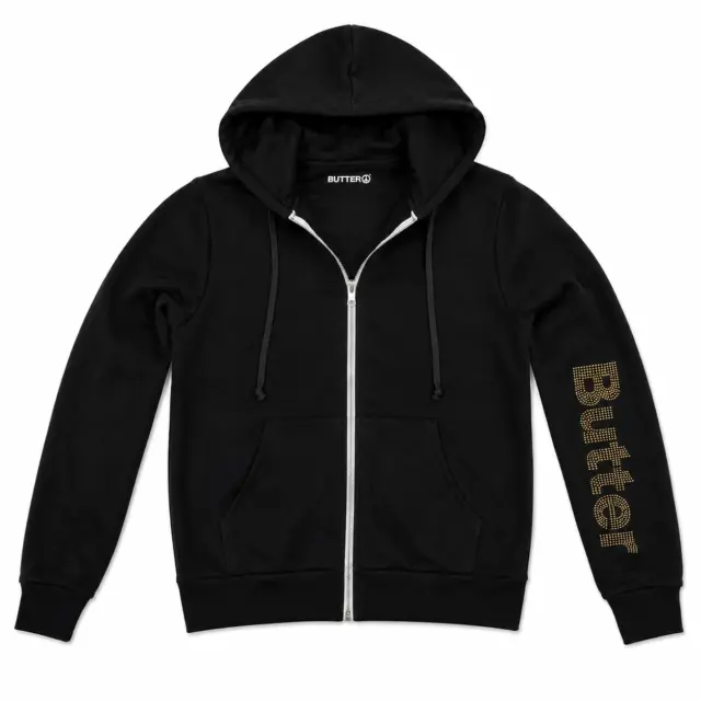 Black zip-up hoodie with gold 'Butter' text on the left sleeve, flat lay front view.