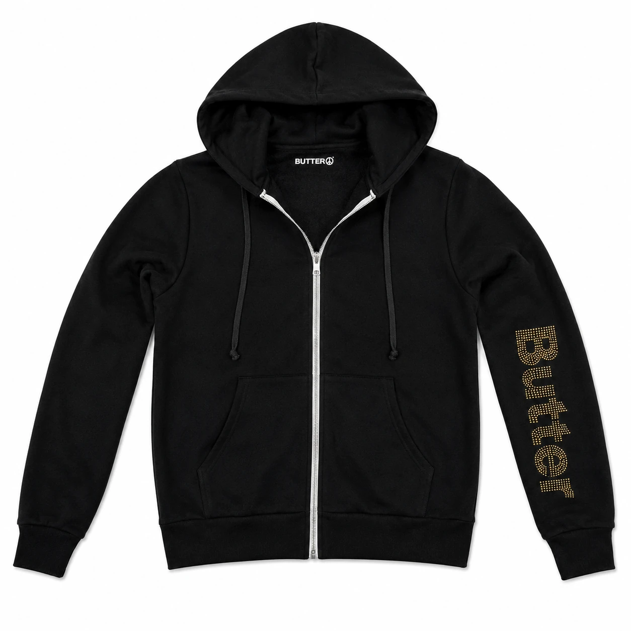 Black zip-up hoodie with gold 'Butter' text on the left sleeve, flat lay front view.