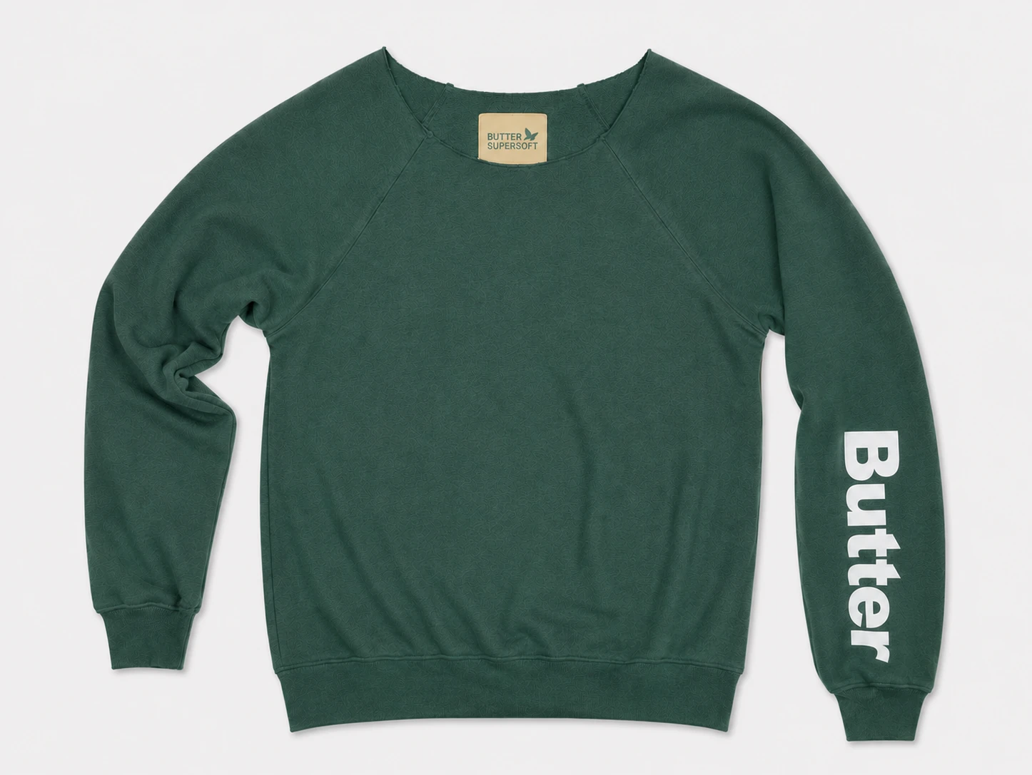 Dark green off-the-shoulder sweatshirt with a white vertical logo on the left sleeve and raglan sleeve construction.
