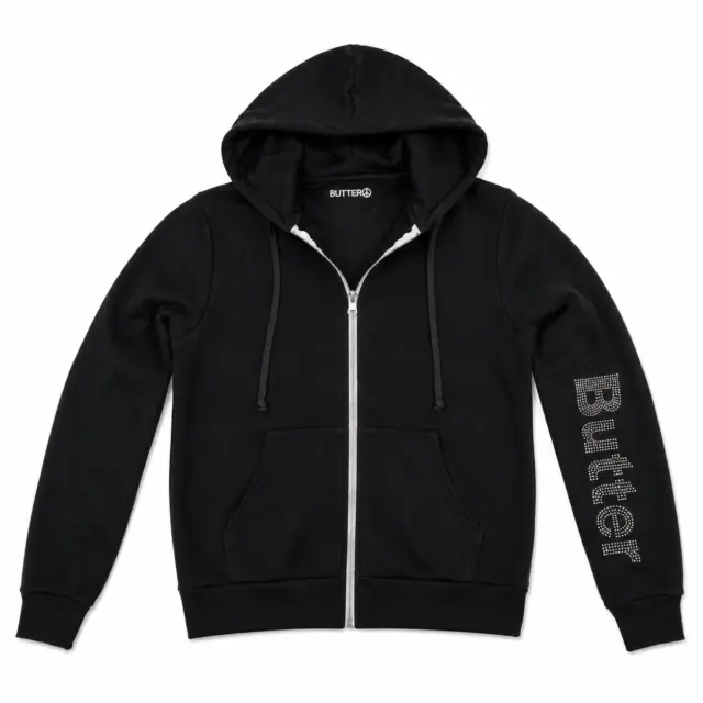 Front view of a black zip-up hoodie with white zipper tape and 'Butter' text on the sleeve, isolated on a white background.