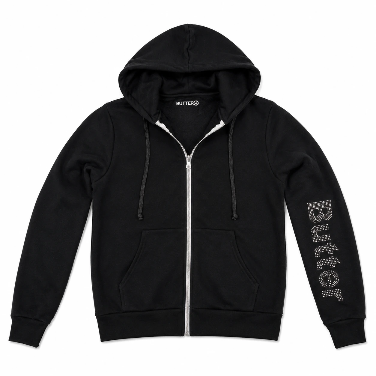 Front view of a black zip-up hoodie with white zipper tape and 'Butter' text on the sleeve, isolated on a white background.