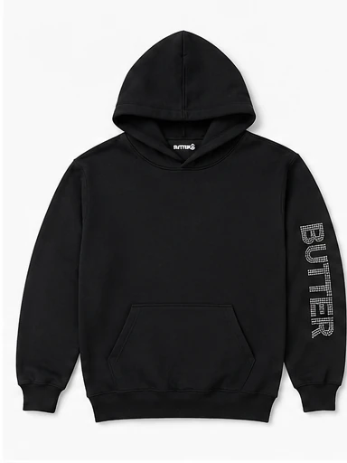 Black Butter Plush Diamond Oversized Hoodie with rhinestone sleeve lettering.
