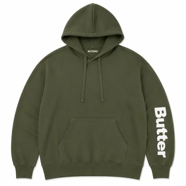Flat lay of an olive green pullover hoodie with white Butter text branding on the sleeve.