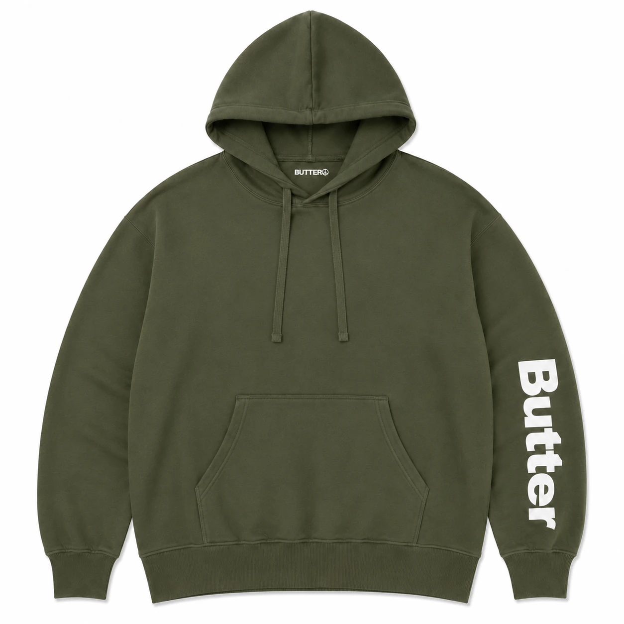 Flat lay of an olive green pullover hoodie with white Butter text branding on the sleeve.