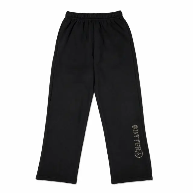 Flat lay of black wide-leg sweatpants featuring a silver 'BUTTER' and peace sign logo on the lower left leg.