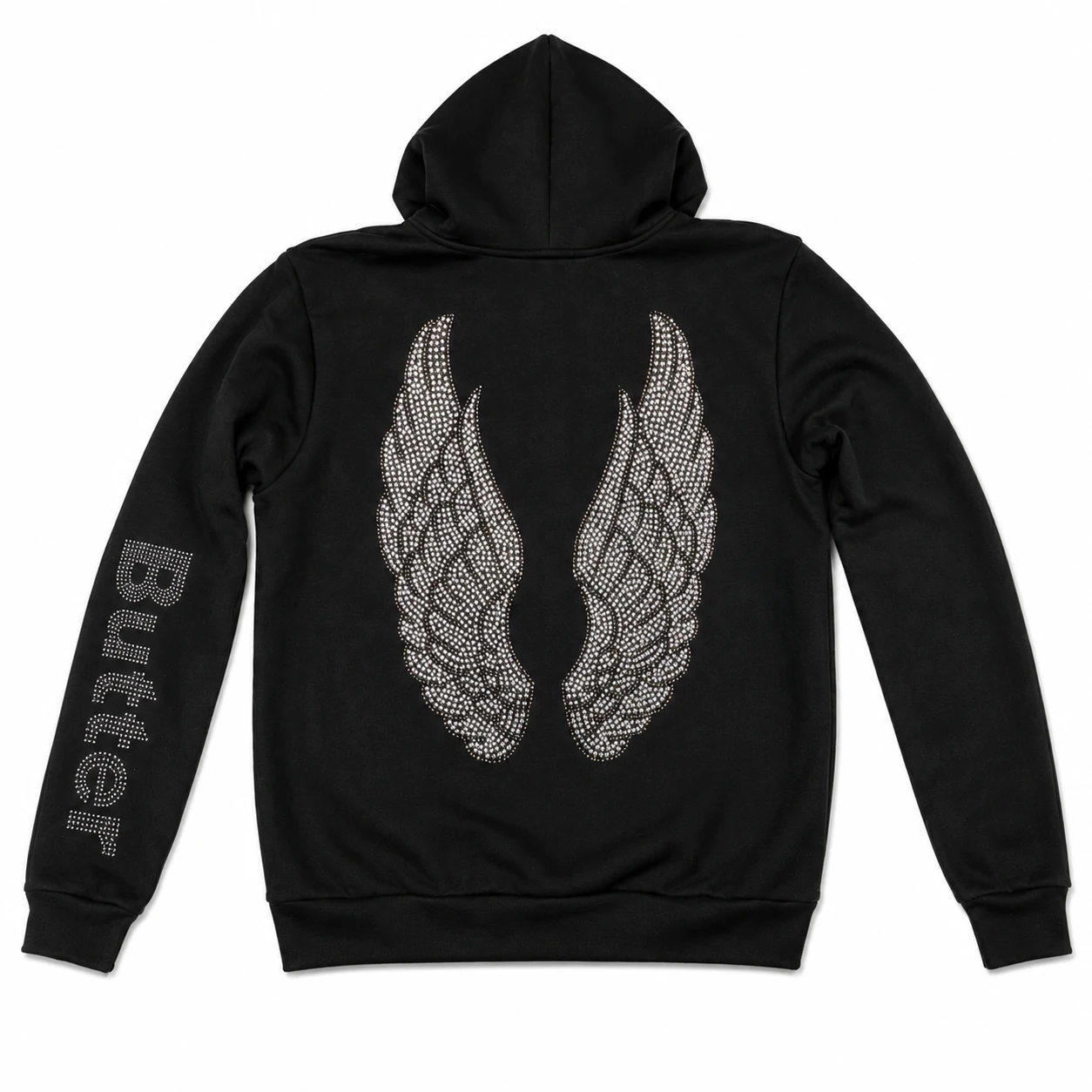 Back view of a black zip-up hoodie featuring large silver rhinestone wings on the back and Butter branding on the sleeve.