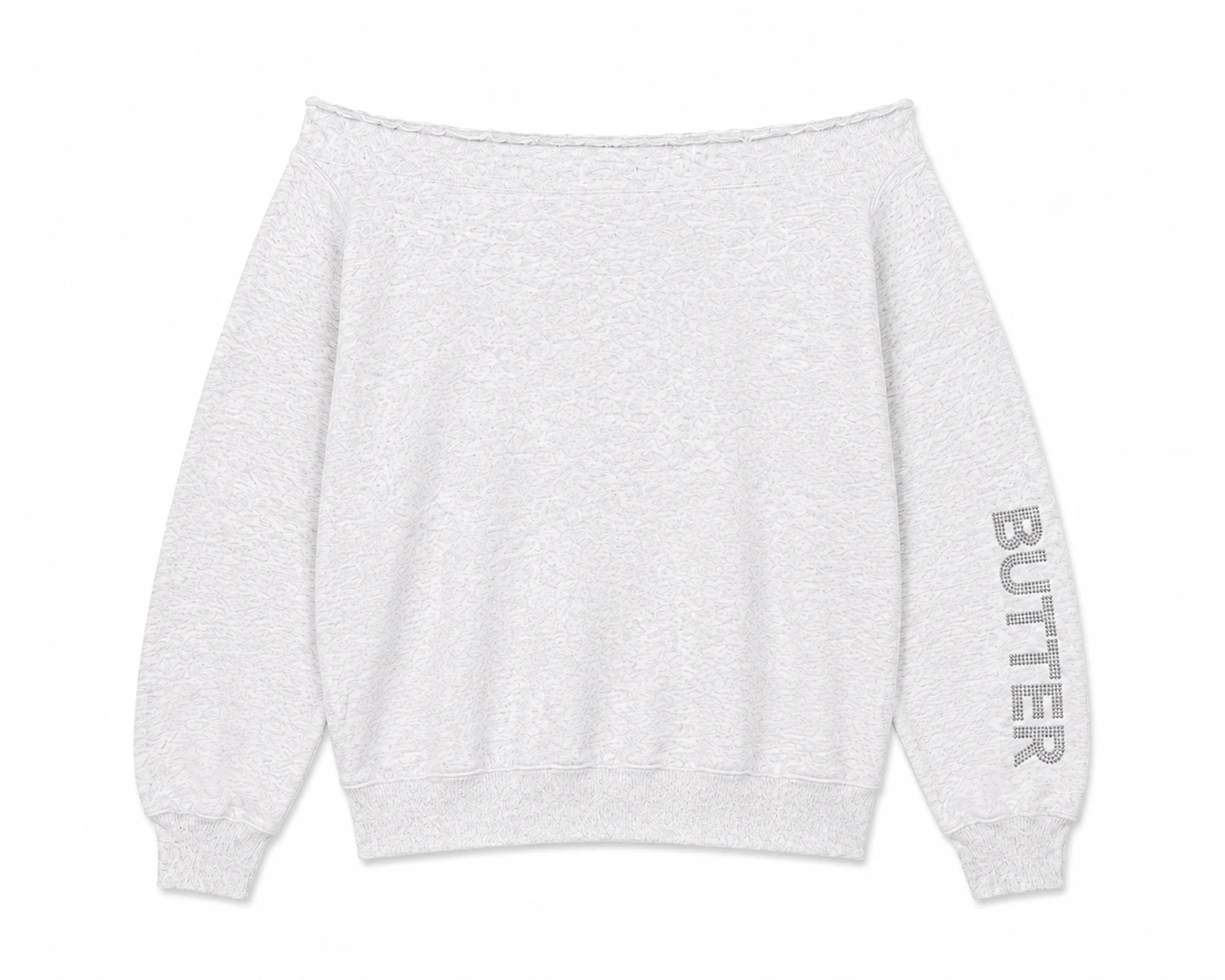 Light grey heathered off-the-shoulder sweatshirt with a wide neckline and BUTTER text in rhinestones on the right sleeve.