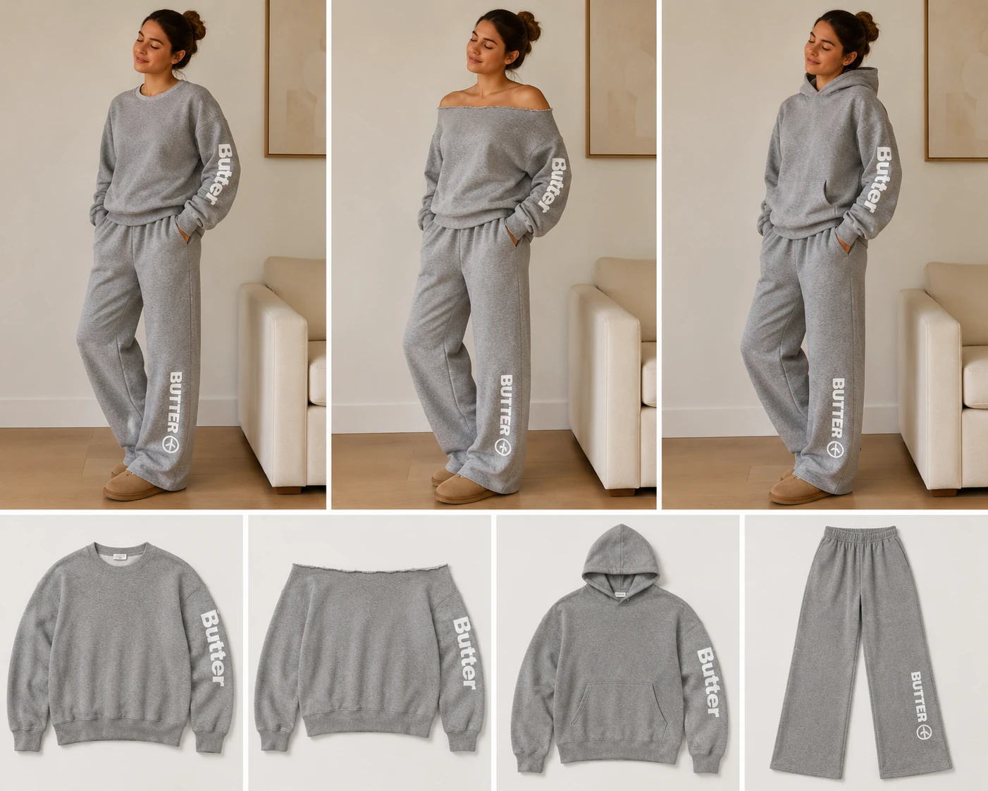A collage showing a model in three different poses wearing light grey heather pieces, along with four flat-lay images of a crewneck, off-the-shoulder top, hoodie, and wide-leg pants.